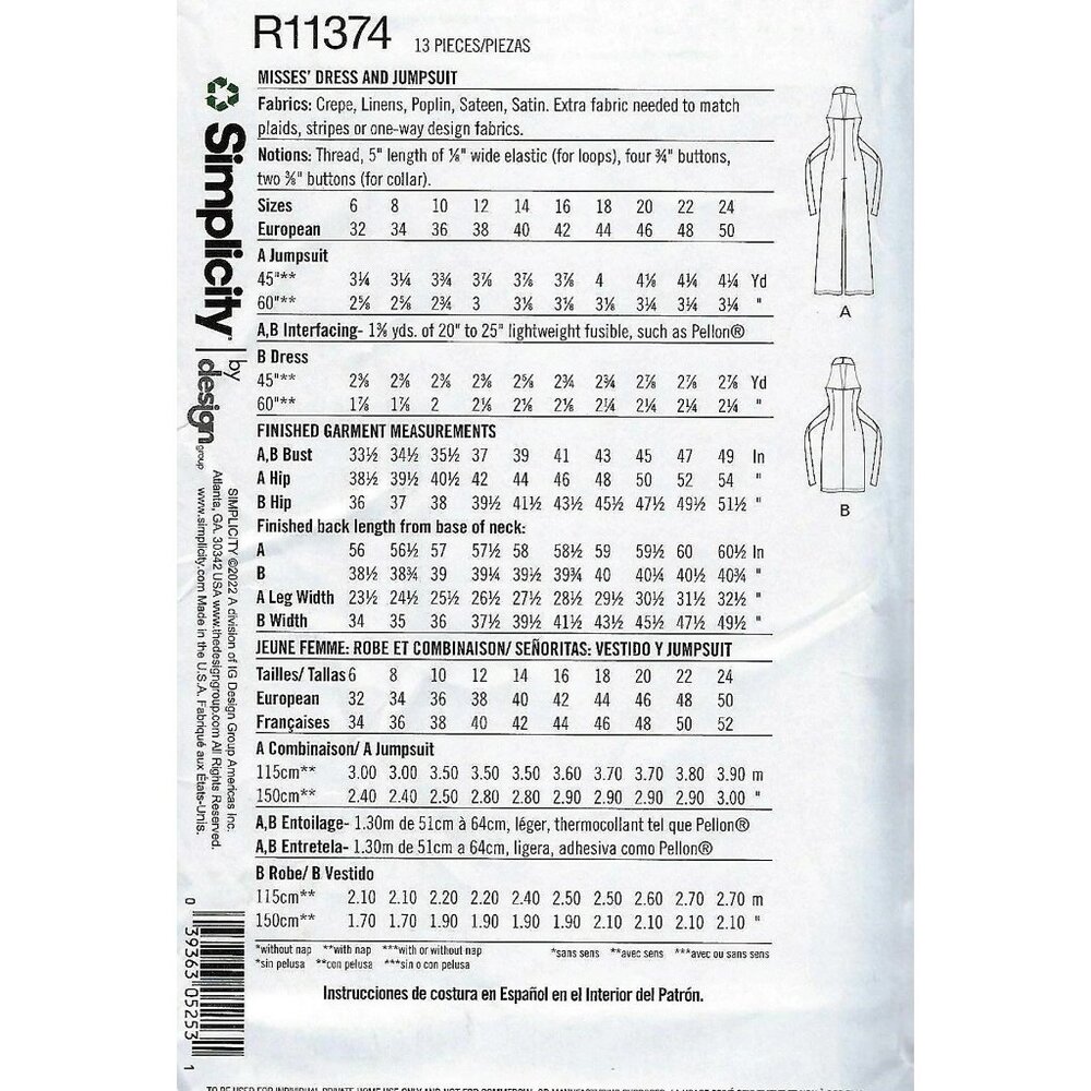 Misses Dress Jumpsuit Sewing Pattern R11374 By Mimi‎ G Simplicity Sizes 16-24 - Picture 2 of 4